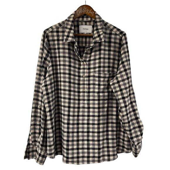 pistola Tops - Pistola Flannel Shirt XL Plaid Check Black Ivory Tab Sleeve Button Back Pullover